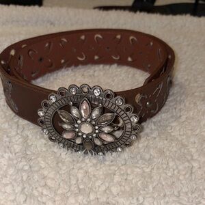Brown Leather Belt with Silver Floral Buckle